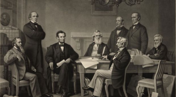 The first reading of the Emancipation Proclamation before President Abraham Lincoln's cabinet.