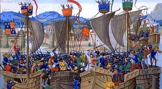 An illustration of the Battle of Sluys from Jean Froissart's "Chronicles."