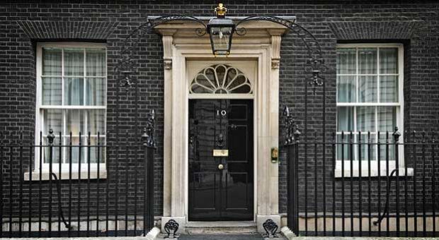 The front door of Number 10 Downing Street, the official residence of the Prime Minister of the United Kingdom. 