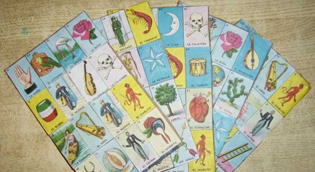 Home-made Lotería boards (Spanish: "Tablas de Lotería"). Lotería is a traditional Mexican game of chance. Image by Alex Covarrubias.


