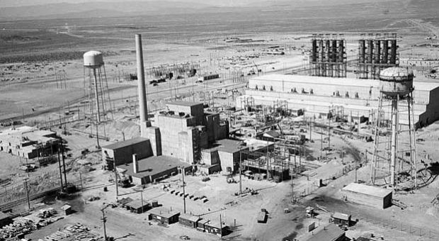Aerial view of Hanford B-Reactor site, June 1944, part of the Manhattan Project. 
