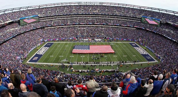 

A general view of a giant American Flag stretched across the field during the performcance of the National Anthem prior to the New York Giants hosting the Atlanta Falcons during their NFC Wild Card Playoff game at MetLife Stadium on January 8, 2012 in East Rutherford, New Jersey.


