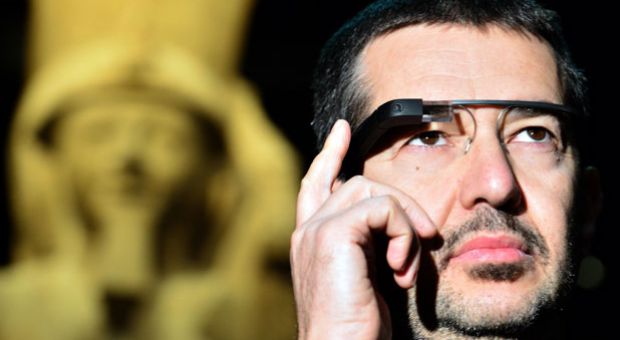 A man tests a pair of Google glasses equiped with Italian Sign Language capabilities and created to help deaf people during their visit of the Egyptian Museum in Turin, on November 11, 2013. The Museum of Egyptian Antiquity in Turin is dedicated solely to Egyptian art and culture, and it is the first museum of its kind to use the interactive glasses to assist deaf people during their visit. 