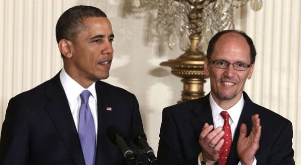 U.S. President Barack Obama speaks as Assistant Attorney General of Justice Department's civil rights division Thomas Perez listens during a personnel announcement March 18, 2013 at the East Room of the White House in Washington, D.C. President Obama nominated Perez to succeed Hilda Solis as the next labor secretary. 