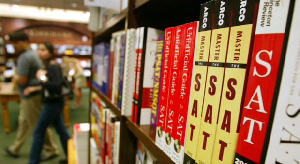 SAT test preparation books sit on a shelf at a Barnes and Noble store June 27, 2002 in New York City. College Board officials announced updates for the college entrance exam, the first since 2005, that are needed to make the exam better represent what skills students need to succeed in college and afterward. 