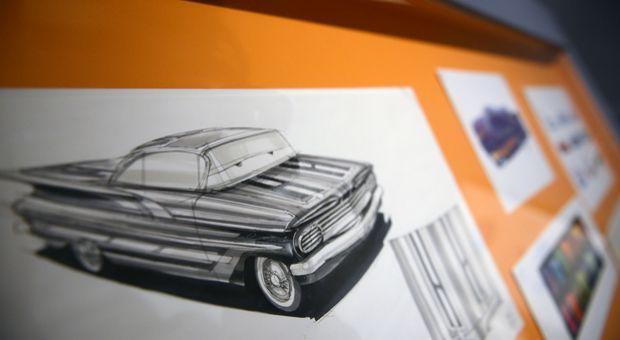 Cars drawings sit on display at 'Pixar, 25 years of Animation' exhibition on November 14, 2013 in Paris, France.  