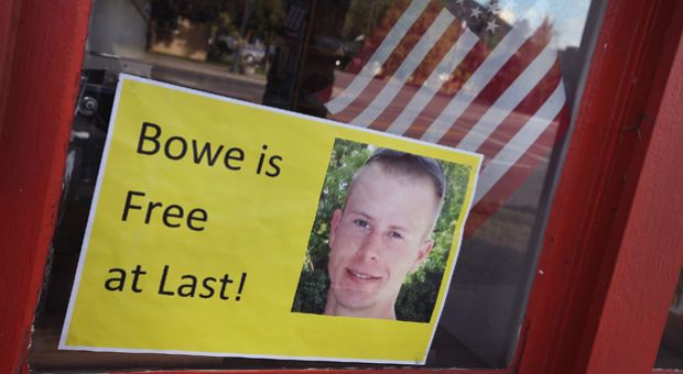 A sign announcing the release of Sgt. Bowe Bergdahl sits in the window of the Hailey Paint and Supply store on Main Street June 1, 2014 in Hailey, Idaho. 