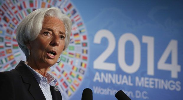 International Monetary Fund Managing Director Christine Lagarde delivers opening remarks during a panel about sustanable and robust economic growth at the Jack Morton Auditorium at George Washington University October 8, 2014 in Washington, D.C. The IMF and the World Bank Group are holding their 2014 annual meetings in Washington. 