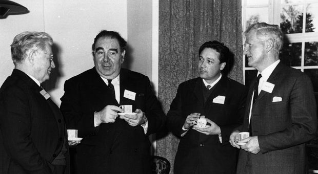 From left to right: Mr Alexei Surkov, the man who tried to ban the book 'Dr Zhivago'; Lord Goodman, Chairman of the Arts Council; V I Koval; and Lord Hunt, leader of the British Everest team, at the first meeting of the Anglo-Soviet committee in 1970 in Surrey. 
