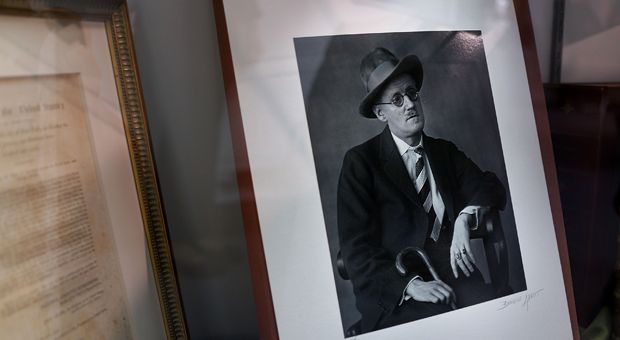 A photograph of Irish writer James Joyce by Berenice Abbott is displayed at the Park Avenue Armory.
