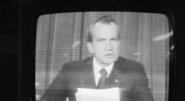 American president Richard Nixon (1913 - 1994) announces his resignation on national television, following the Watergate scandal. 