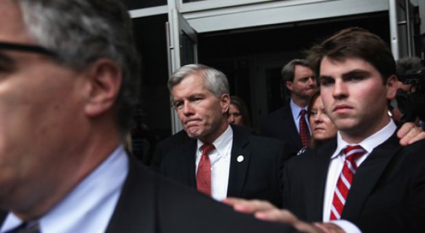  Former Virginia Governor Robert McDonnell (2nd R) leaves U.S. District Court for the Eastern District of Virginia with family members, including his son Bobby (R), after he found guilty in his corruption trial September 4, 2014, in Richmond, Virginia. The jury found McDonnell guilty of 11 corruption-related counts, and his wife Maureen McDonnell of eight counts. They were on trial for accepting gifts, vacations and loans from a Virginia businessman in exchange for helping his company. 