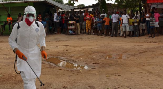 A Liberian Red Cross health worker wearing a protective suit disinfects a courtyard under the eyes of citizens after the body of a victim of the Ebola virus was found on September 10, 2014 in a district of Monrovia. The World Health Organization (WHO) warned on September 8 that Liberia, already hardest-hit by the Ebola epidemic ravaging west Africa, should brace for thousands of new cases in the coming weeks. The country already accounts for half of the more than half of the 2,000 deaths across west Africa from the virus.  