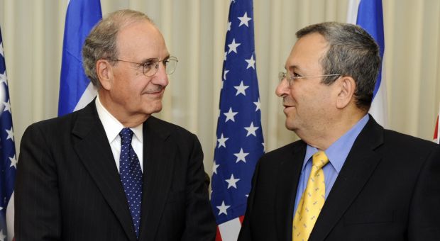 U.S. Special Envoy George Mitchell with Israeli Minister of Defense Ehud Barak before their meeting in Tel Aviv, Israel July 26, 2009. 