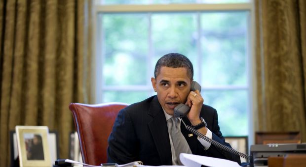 President Barack Obama discusses the response to the BP oil spill, during a phone call with Gulf Coast governors in the Oval Office, May 24, 2010