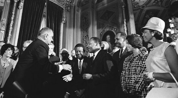President Lyndon Johnson and Martin Luther King Jr. on August 6, 1965, the day President Johnson signed the Voting Rights Act