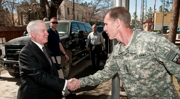 Dr. Robert M. Gates, United States Secretary of Defense, is greeted by Gen. Stanley A. McChrystal, Commander of International Security Assistance Force and United States Forces Afghanistan, in front of the ISAF Headquarters building Mar. 8, in Kabul, during his recent visit to Afghanistan.