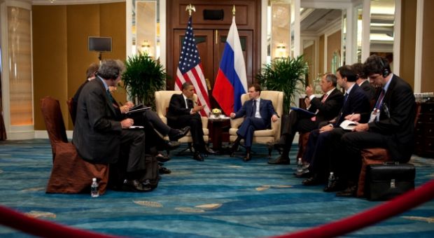 President Barack Obama and Russian President Dmitry Medvedev hold a bilateral meeting during the APEC Summit, at the Shangri-La Hotel in Singapore, November 15, 2009