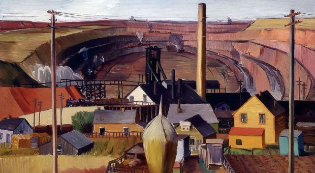 "Northern Minnesota Mine" by artist E. Dewey Albinson, born in Minneapolis, Minnesota in 1898; died in Mexico in 1971. Oil on canvas. Dewey produced this work under President Franklin D. Roosevelt's "Public Works of Art Project" (PWAP) designed to help foster artists' works for public buildings during the Great Depression.