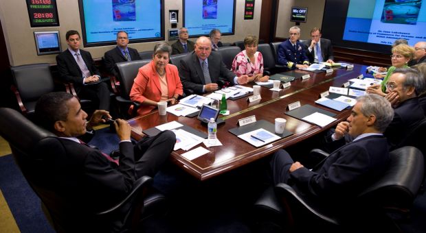 President Barack Obama receives a briefing in the Situation Room of the White House on the BP oil spill in the Gulf of Mexico, July 21, 2010