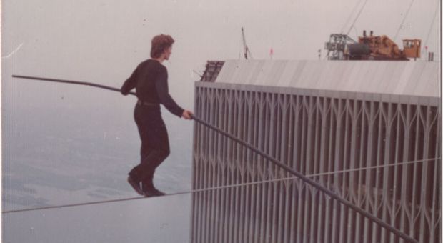 This 1974 photo shows Philippe Petit crossing a tightrope between the Twin Towers in New York City.