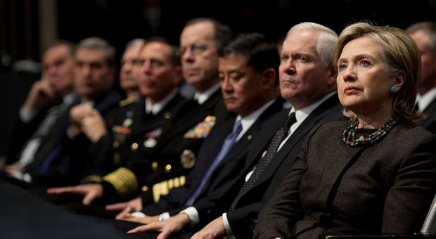 Presidential advisors, including from right, Secretary of State Hillary Rodham Clinton, Defense Secretary Robert Gates, Veterans Affairs Secretary Eric K. Shinseki, Admiral Michael Mullen, chairman of the Joint Chiefs of Staff, and Gen. David Petraeus, Commander, U.S. Central Command, at West Point, December 2009