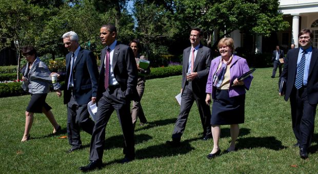 President Barack Obama walks with senior staff in the Rose Garden of the White House, prior to the start of the Economic Daily Briefing, June 17, 2010. Pictured, from left, are Senior Advisor Valerie Jarrett, Jared Bernstein, deputy assistant to the President for economic policy, Council of Economic Advisers member Cecilia Rouse, Peter Orszag, director of the Office of Management and Budget, Christy Romer, director of the Council of Economic Advisers, and Jason Furman, deputy assistant to the President for economic policy.