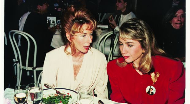 Gail Sheehy, left, talks with Hillary Clinton.