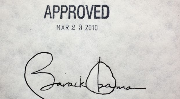 President Barack Obama's signature on the health insurance reform bill at the White House, March 23, 2010. The President signed the bill with 22 different pens.