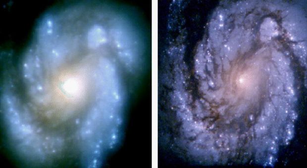 Images of Spiral Galaxy M100 before and after Hubble's first servicing mission
