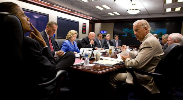 President Barack Obama and Vice President Joe Biden meet with the national security team on Iraq in the Situation Room of the White House, Aug. 11, 2010