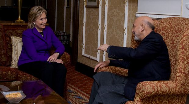 Secretary of State Hillary Clinton meets with Afghan President Hamid Karzai in London earlier this year. 