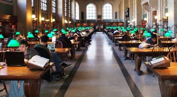 The Bates Hall reading room at the Central Library of Boston Public Library. 