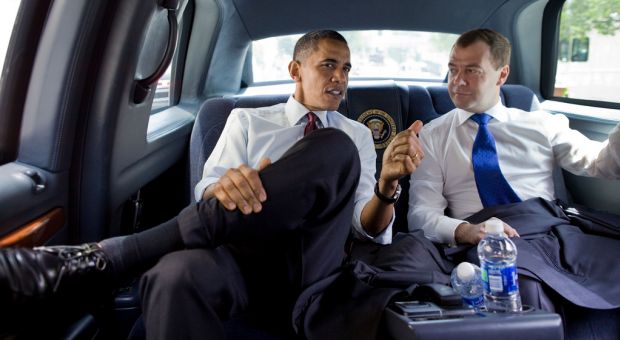 President Barack Obama and President Dmitry Medvedev of Russia ride together to lunch at Ray's Hell Burger in Arlington, Va., June 24, 2010.