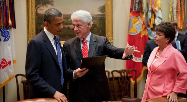 President Barack Obama talks with former President Bill Clinton and Senior Advisor Valerie Jarrett in the Roosevelt Room of the White House, July 14, 2010. The President was meeting with business leaders to discuss new ways to create jobs and strengthen the partnership between the public and private sectors to make new investments in the clean energy industry.