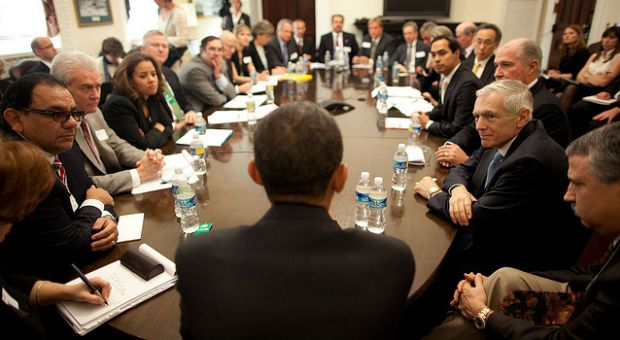 President Barack Obama attends a breakout session, "Creating Jobs Through the Rebuilding of America's Infrastructure," during the White House Forum on Jobs and Economic Growth, in the Eisenhower Executive Office Building, Dec. 3, 2009