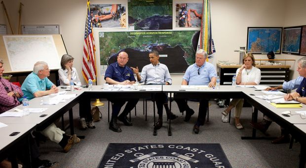 President Barack Obama gestures during a briefing about the ongoing response to the BP oil spill, at the Gulfport Coast Guard Station in Gulfport, Miss., in June 2010