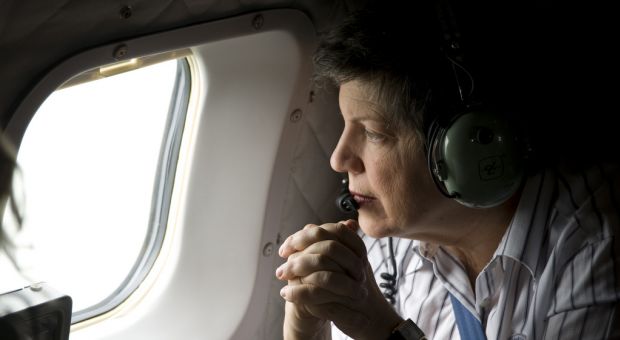 Homeland Security Secretary Janet Napolitano surveying the oil disaster in the Gulf of Mexico on April 30