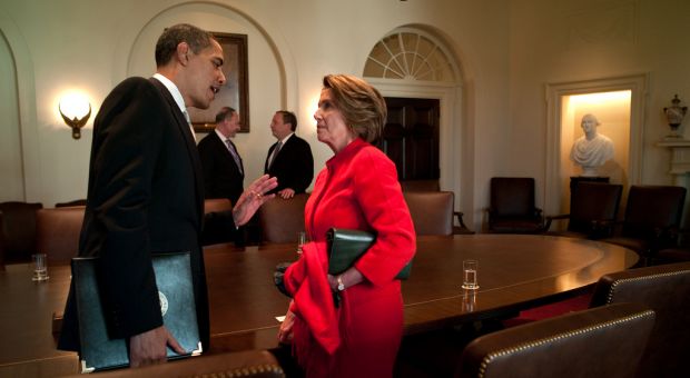 The President has a private conversation with House Speaker Nancy Pelosi following his meeting in the Cabinet Room with the Democratic Congressional leaders, 2009